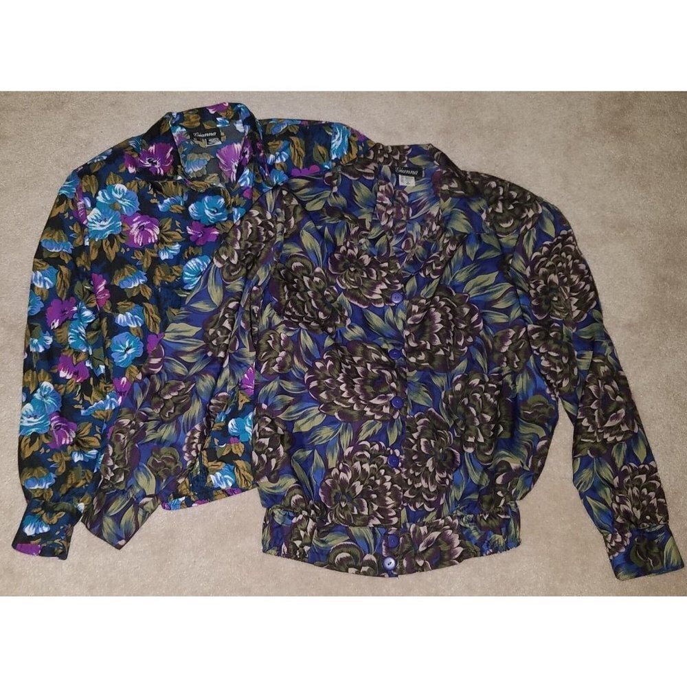 2 VTG Gianna Floral Blouse Lot Sz Medium Button Front Elastic Waist Blue Purple